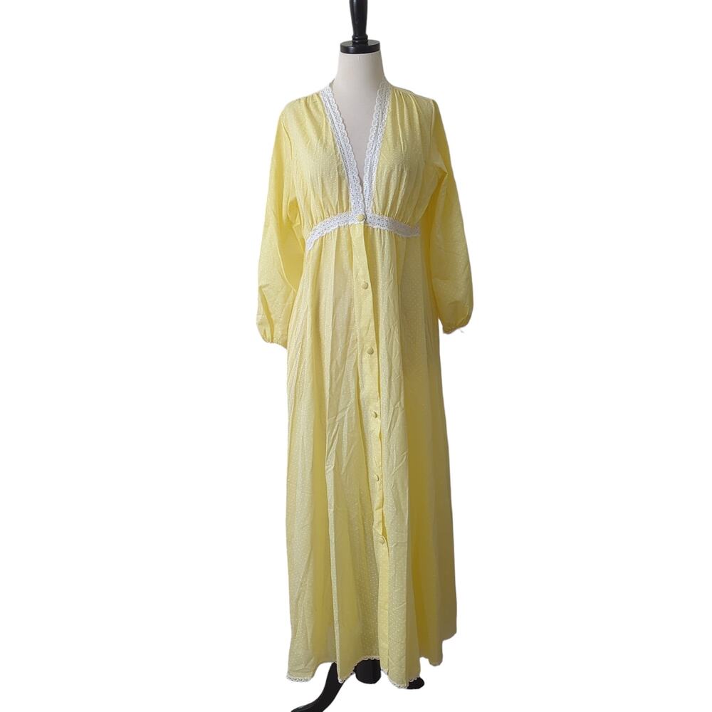 Vintage Miss Elaine 70s Womens Dress Housedress Robe Empire Waist Yellow Lace ML